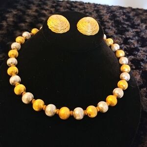 Vintage 60s Metal Bead Dualtone Choker Necklace & Goldtone Earrings